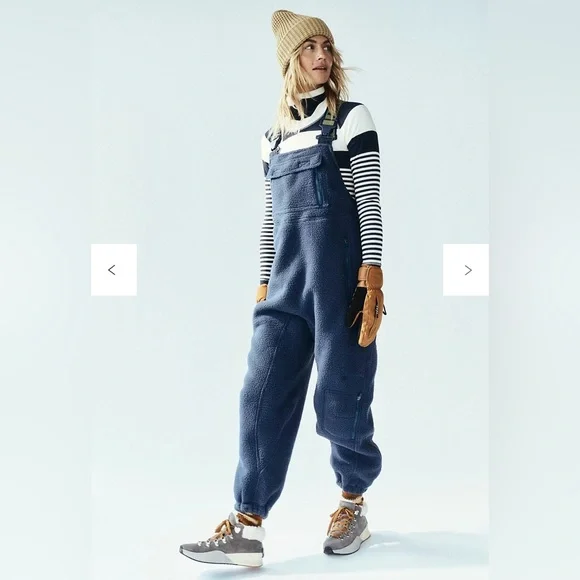 Free People Hit the Slopes Salopette Fleece Sherpa Overalls Blue Large - Picture 1 of 11
